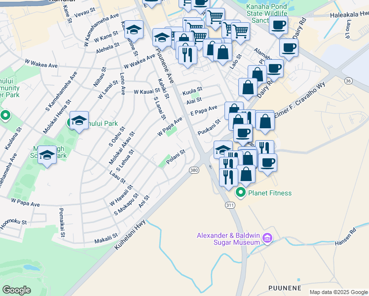 map of restaurants, bars, coffee shops, grocery stores, and more near 56 Polani Street in Kahului