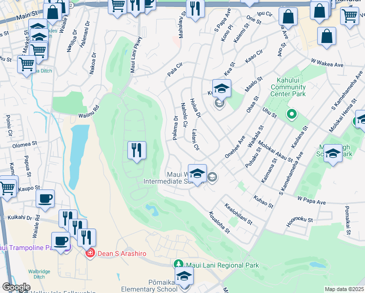 map of restaurants, bars, coffee shops, grocery stores, and more near 447 Palama Drive in Kahului