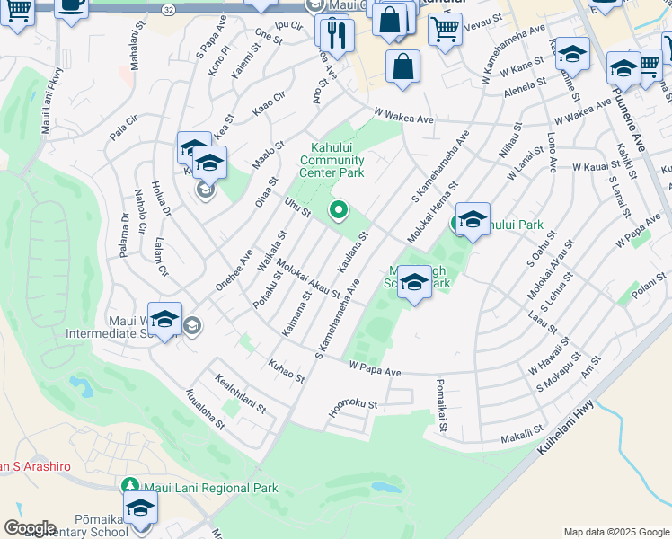 map of restaurants, bars, coffee shops, grocery stores, and more near 536 Kaulana Street in Kahului