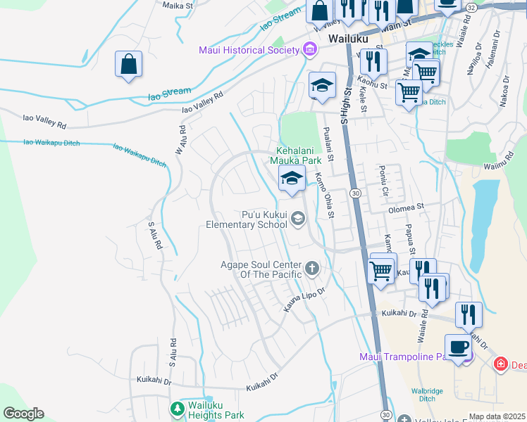 map of restaurants, bars, coffee shops, grocery stores, and more near 238 Pua Kalaunu in Wailuku