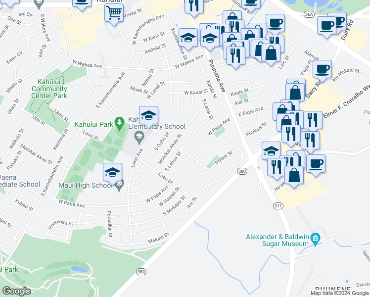 map of restaurants, bars, coffee shops, grocery stores, and more near 181 South Lehua Street in Kahului