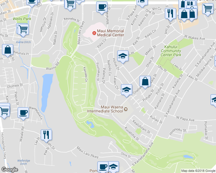 map of restaurants, bars, coffee shops, grocery stores, and more near 447 Palama Drive in Kahului