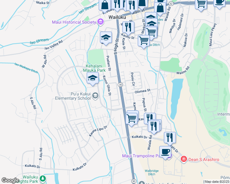 map of restaurants, bars, coffee shops, grocery stores, and more near 18 Lala Ohia Place in Wailuku