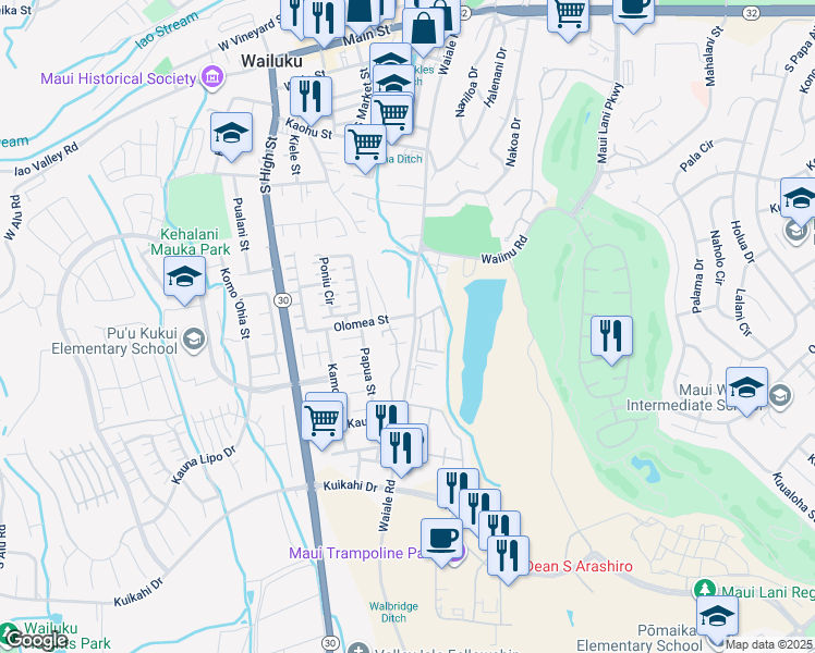 map of restaurants, bars, coffee shops, grocery stores, and more near 633 Meakanu Lane in Wailuku
