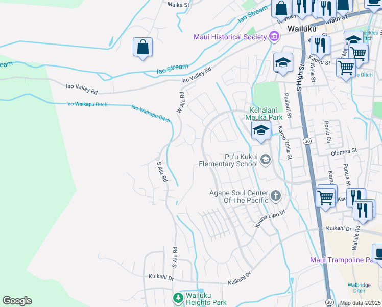 map of restaurants, bars, coffee shops, grocery stores, and more near North Laikeha Place in Wailuku