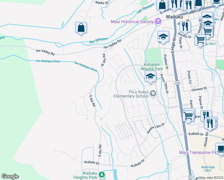 map of restaurants, bars, coffee shops, grocery stores, and more near South Laikeha Place in Wailuku