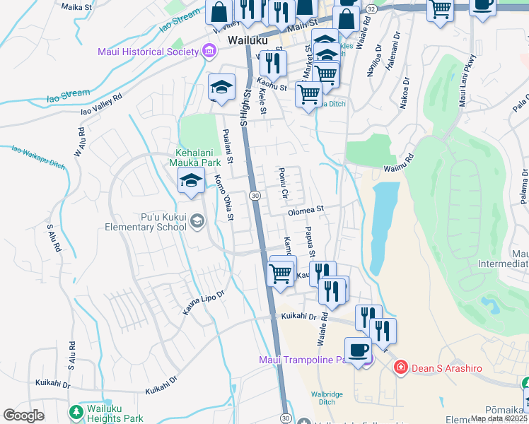 map of restaurants, bars, coffee shops, grocery stores, and more near 612 Akolea Street in Wailuku