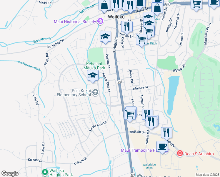 map of restaurants, bars, coffee shops, grocery stores, and more near 615 Koma 'Ohia Street in Wailuku