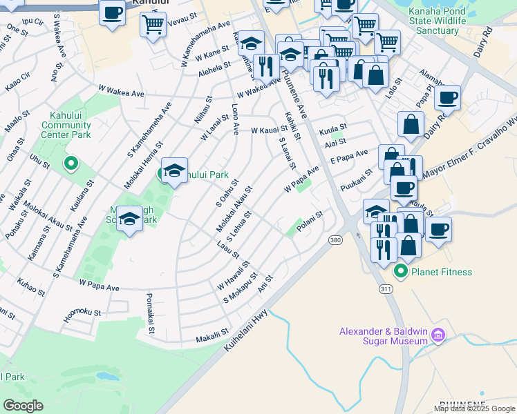 map of restaurants, bars, coffee shops, grocery stores, and more near 173 South Lehua Street in Kahului