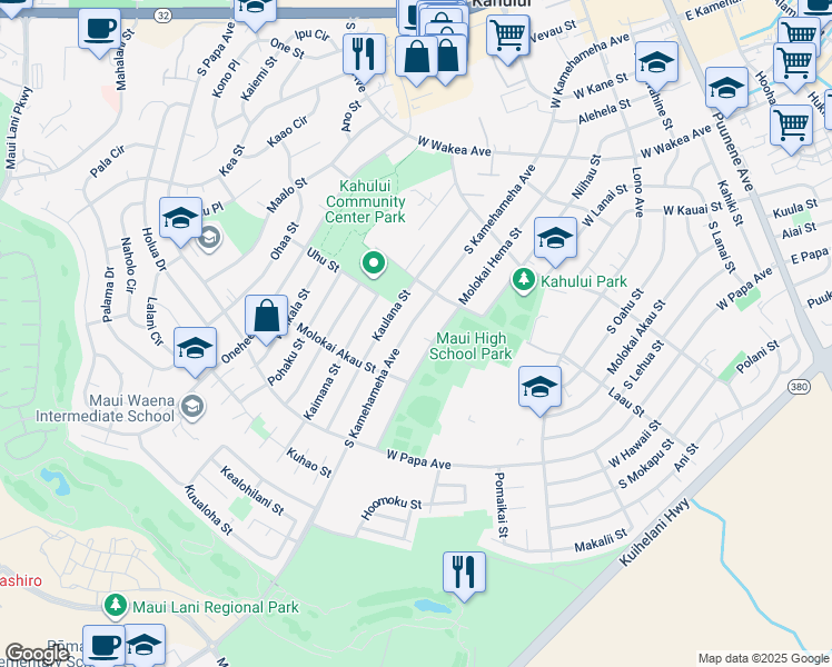 map of restaurants, bars, coffee shops, grocery stores, and more near 507 South Kamehameha Avenue in Kahului