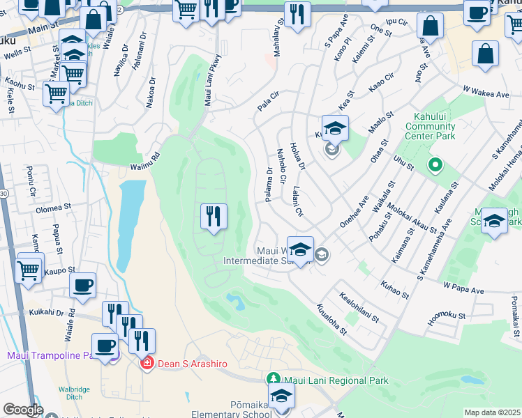 map of restaurants, bars, coffee shops, grocery stores, and more near 151 Puumakani Street in Kahului