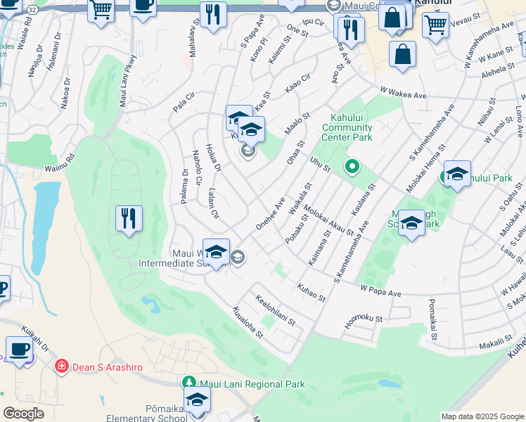 map of restaurants, bars, coffee shops, grocery stores, and more near 460 South Papa Avenue in Kahului