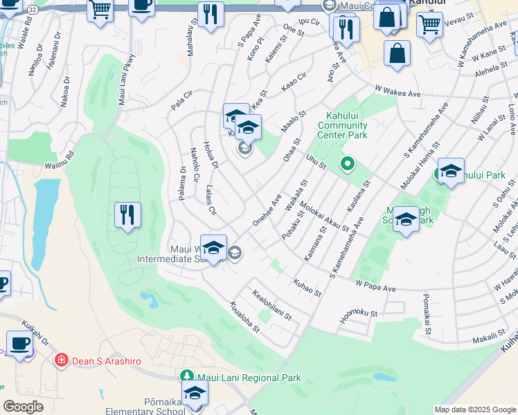 map of restaurants, bars, coffee shops, grocery stores, and more near 460 South Papa Avenue in Kahului