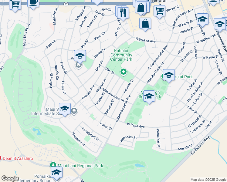 map of restaurants, bars, coffee shops, grocery stores, and more near 549 Pohai Street in Kahului