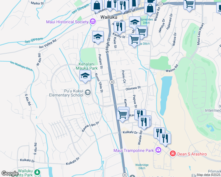 map of restaurants, bars, coffee shops, grocery stores, and more near 616 Akolea Street in Wailuku