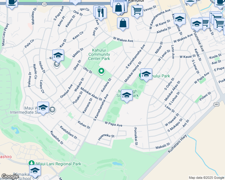 map of restaurants, bars, coffee shops, grocery stores, and more near 507 South Kamehameha Avenue in Kahului