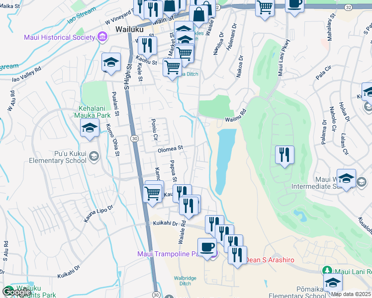 map of restaurants, bars, coffee shops, grocery stores, and more near 631 Meakanu Lane in Wailuku