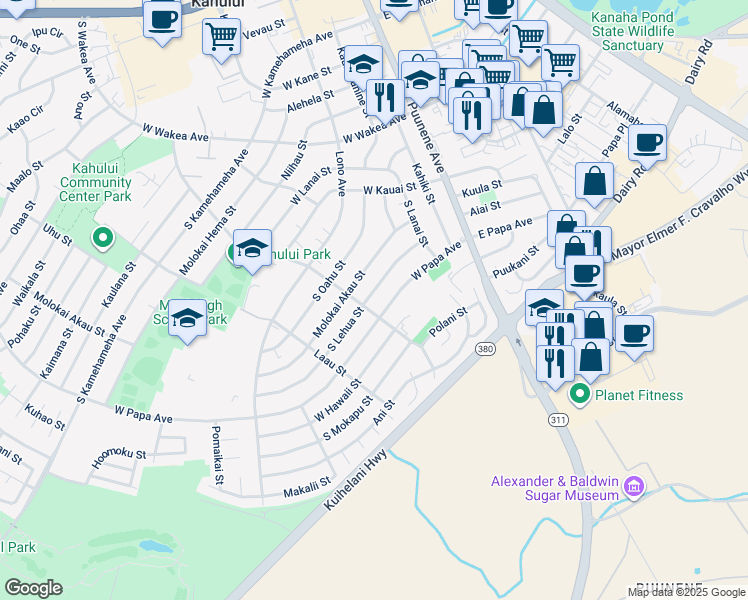 map of restaurants, bars, coffee shops, grocery stores, and more near 173 South Lehua Street in Kahului