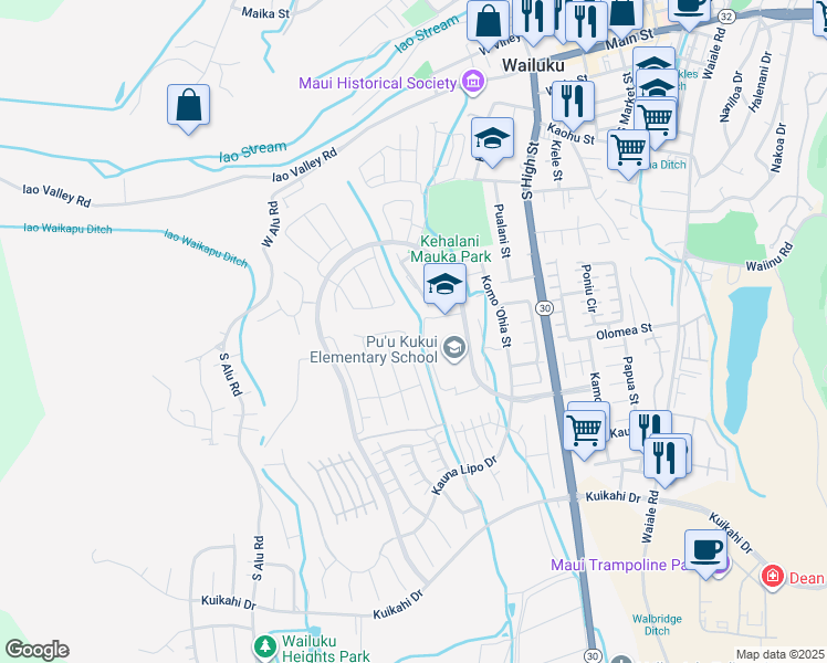 map of restaurants, bars, coffee shops, grocery stores, and more near 231 Pua Kalaunu in Wailuku
