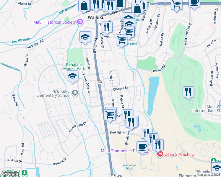 map of restaurants, bars, coffee shops, grocery stores, and more near 15 Poniu Circle in Wailuku