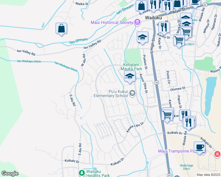 map of restaurants, bars, coffee shops, grocery stores, and more near 171 Pua Kalaunu in Wailuku