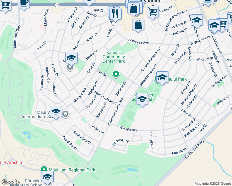 map of restaurants, bars, coffee shops, grocery stores, and more near 532 Kaulana Street in Kahului