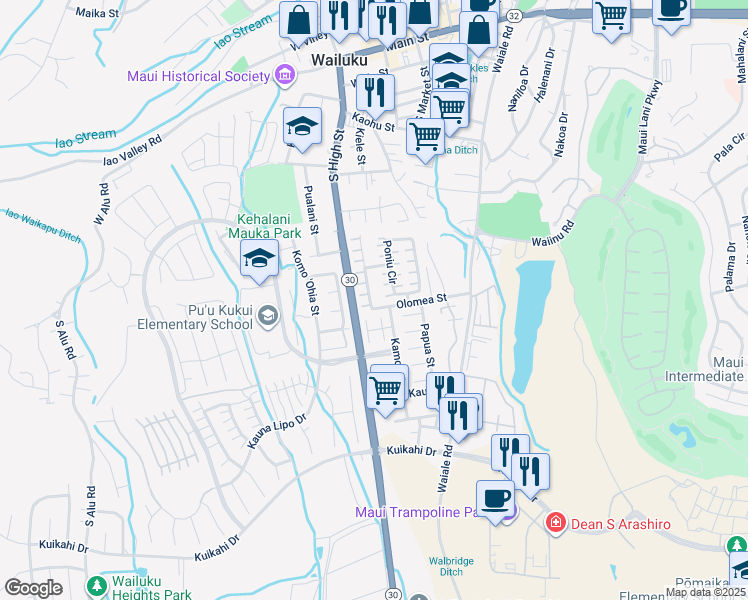 map of restaurants, bars, coffee shops, grocery stores, and more near 611 Akolea Street in Wailuku