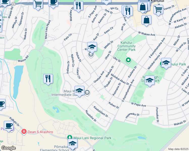 map of restaurants, bars, coffee shops, grocery stores, and more near 454 South Papa Avenue in Kahului
