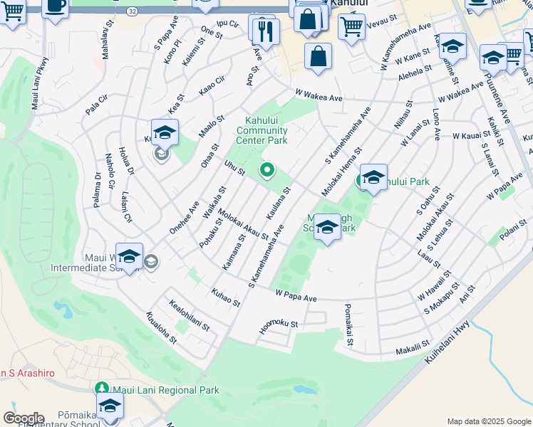 map of restaurants, bars, coffee shops, grocery stores, and more near 532 Kaulana Street in Kahului