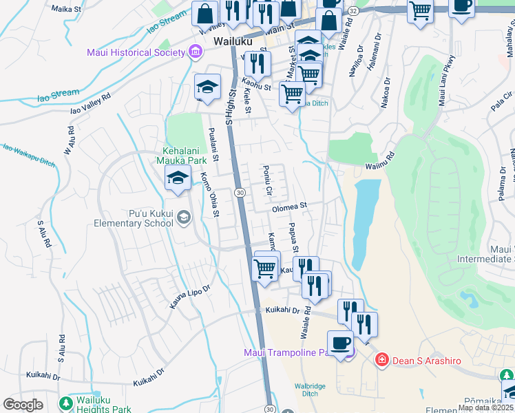 map of restaurants, bars, coffee shops, grocery stores, and more near 611 Akolea Street in Wailuku