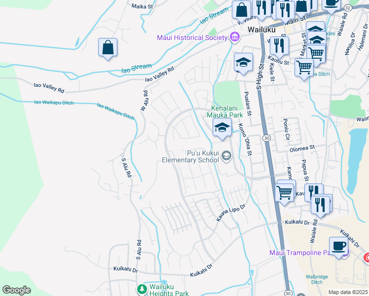 map of restaurants, bars, coffee shops, grocery stores, and more near 159 Pua Kalaunu in Wailuku