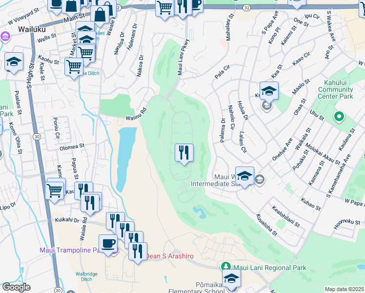 map of restaurants, bars, coffee shops, grocery stores, and more near 27 Meleana Place in Kahului