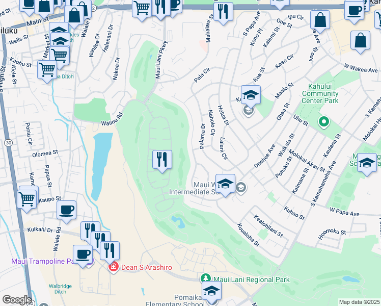 map of restaurants, bars, coffee shops, grocery stores, and more near 144 Puumakani Street in Kahului