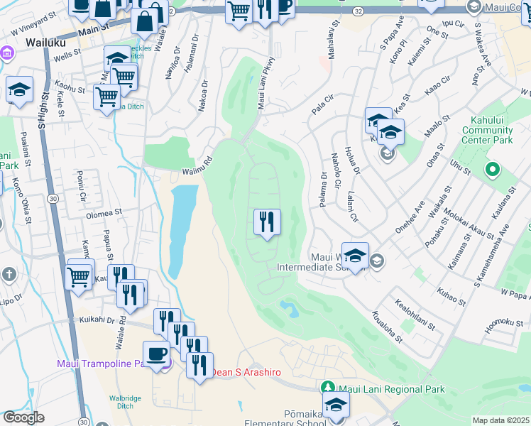 map of restaurants, bars, coffee shops, grocery stores, and more near 27 Meleana Place in Kahului