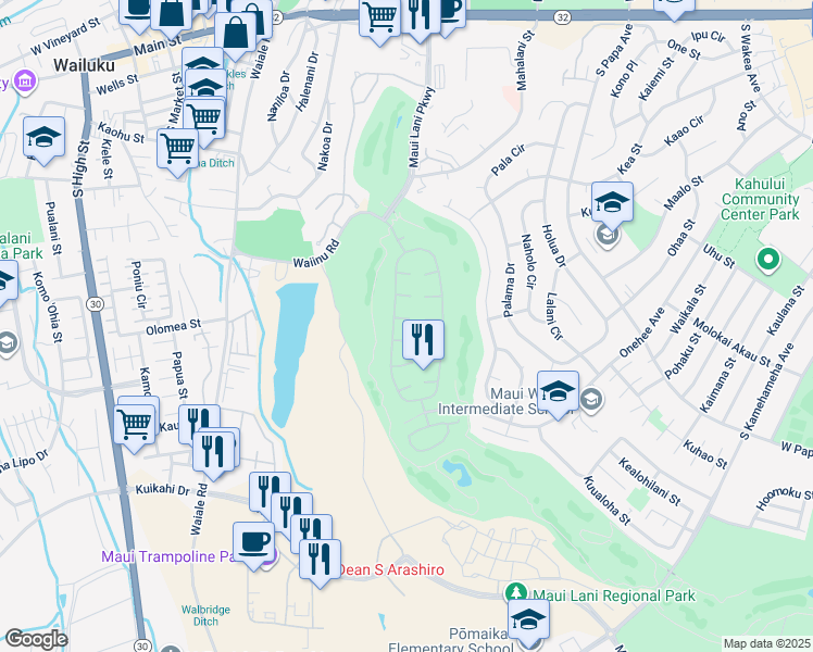 map of restaurants, bars, coffee shops, grocery stores, and more near 20 Puukai Place in Kahului