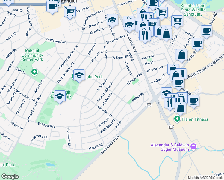 map of restaurants, bars, coffee shops, grocery stores, and more near 549 Hina Avenue in Kahului