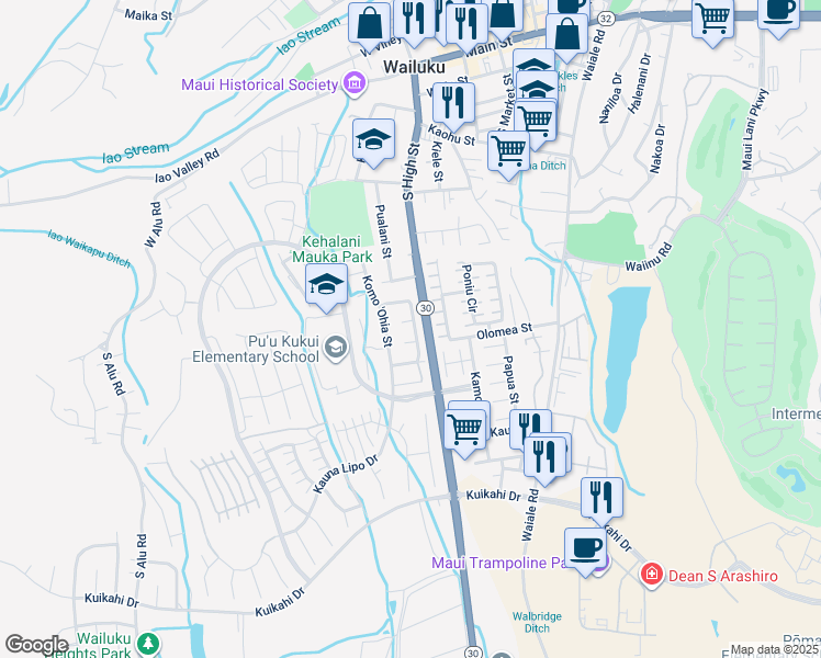 map of restaurants, bars, coffee shops, grocery stores, and more near 71 Kumulaau Ohia Loop in Wailuku