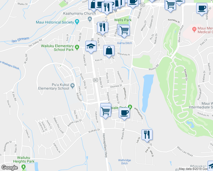 map of restaurants, bars, coffee shops, grocery stores, and more near 15 Poniu Circle in Wailuku
