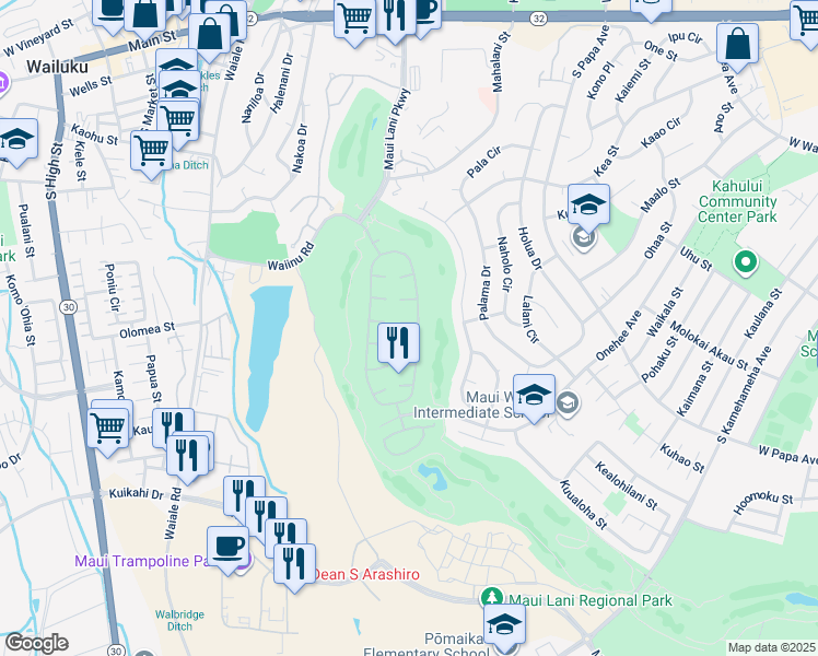 map of restaurants, bars, coffee shops, grocery stores, and more near 11 Meleana Place in Kahului