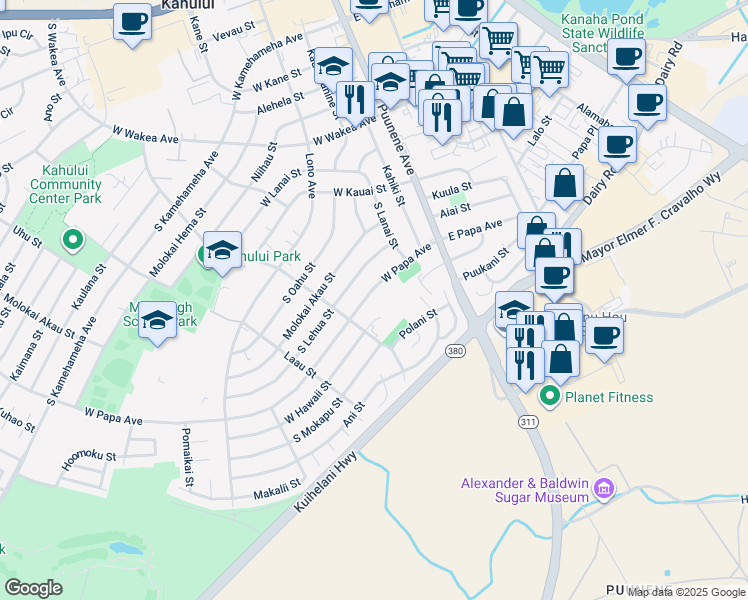 map of restaurants, bars, coffee shops, grocery stores, and more near 131 West Papa Avenue in Kahului