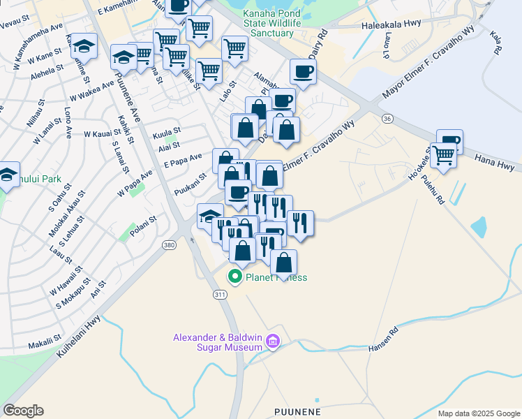 map of restaurants, bars, coffee shops, grocery stores, and more near 53 Meheu Circle in Kahului