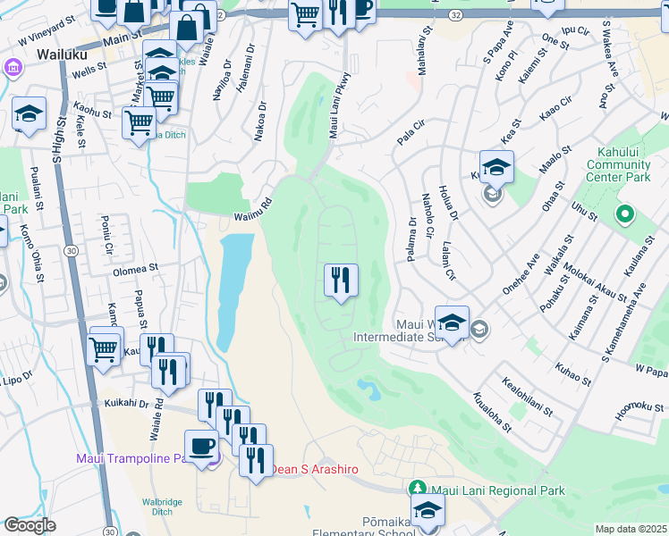map of restaurants, bars, coffee shops, grocery stores, and more near 28 Puukai Place in Kahului