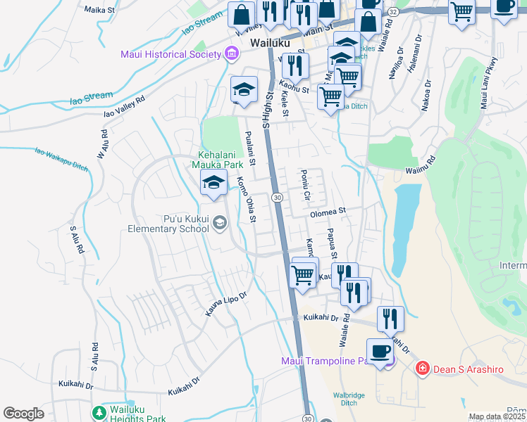 map of restaurants, bars, coffee shops, grocery stores, and more near 15 Awikiwiki Place in Wailuku