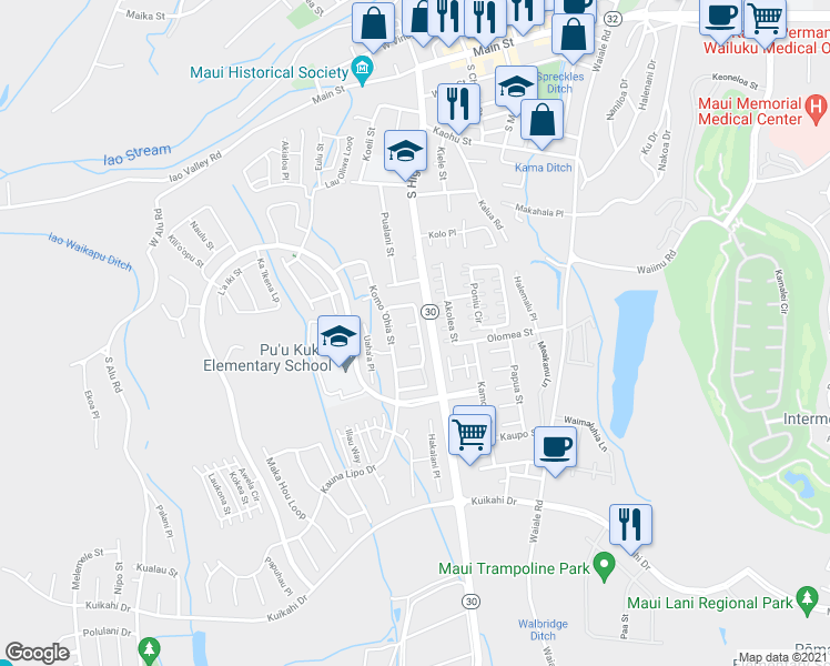 map of restaurants, bars, coffee shops, grocery stores, and more near 71 Kumula'au Ohi'a Loop in Wailuku