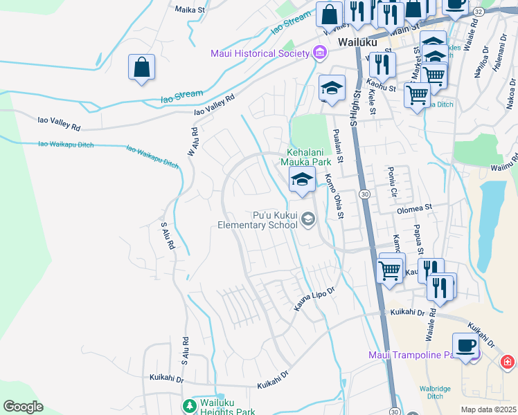 map of restaurants, bars, coffee shops, grocery stores, and more near 165 Pua Kalaunu in Wailuku
