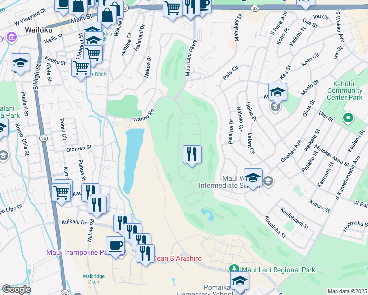 map of restaurants, bars, coffee shops, grocery stores, and more near 20 Puukai Place in Kahului