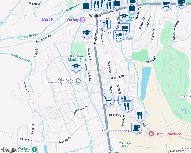 map of restaurants, bars, coffee shops, grocery stores, and more near 71 Kumulaau Ohia Loop in Wailuku