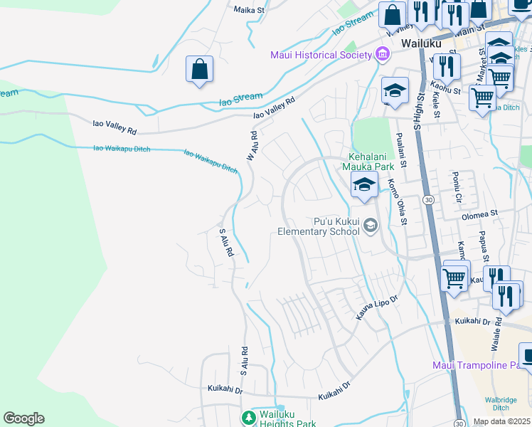 map of restaurants, bars, coffee shops, grocery stores, and more near 16 Walea Way in Wailuku
