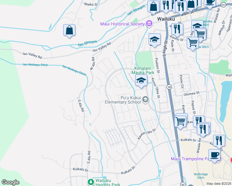 map of restaurants, bars, coffee shops, grocery stores, and more near 153 Pua Kalaunu in Wailuku