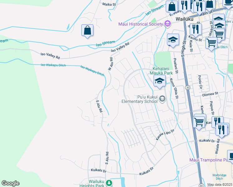 map of restaurants, bars, coffee shops, grocery stores, and more near 16 Walea Way in Wailuku